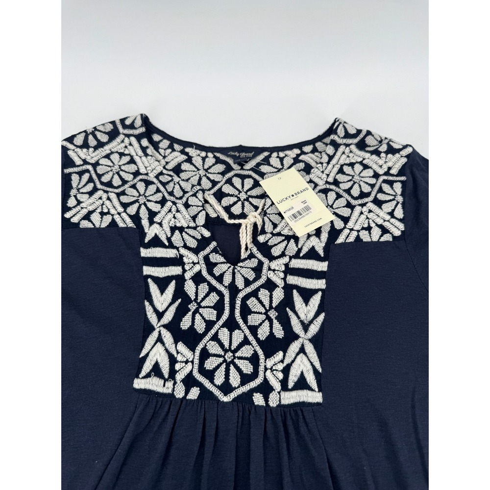 NWT Lucky Brand Embroidered Peasant Top Women L Navy Blue L/S Boho Blouse - Picture 3 of 16